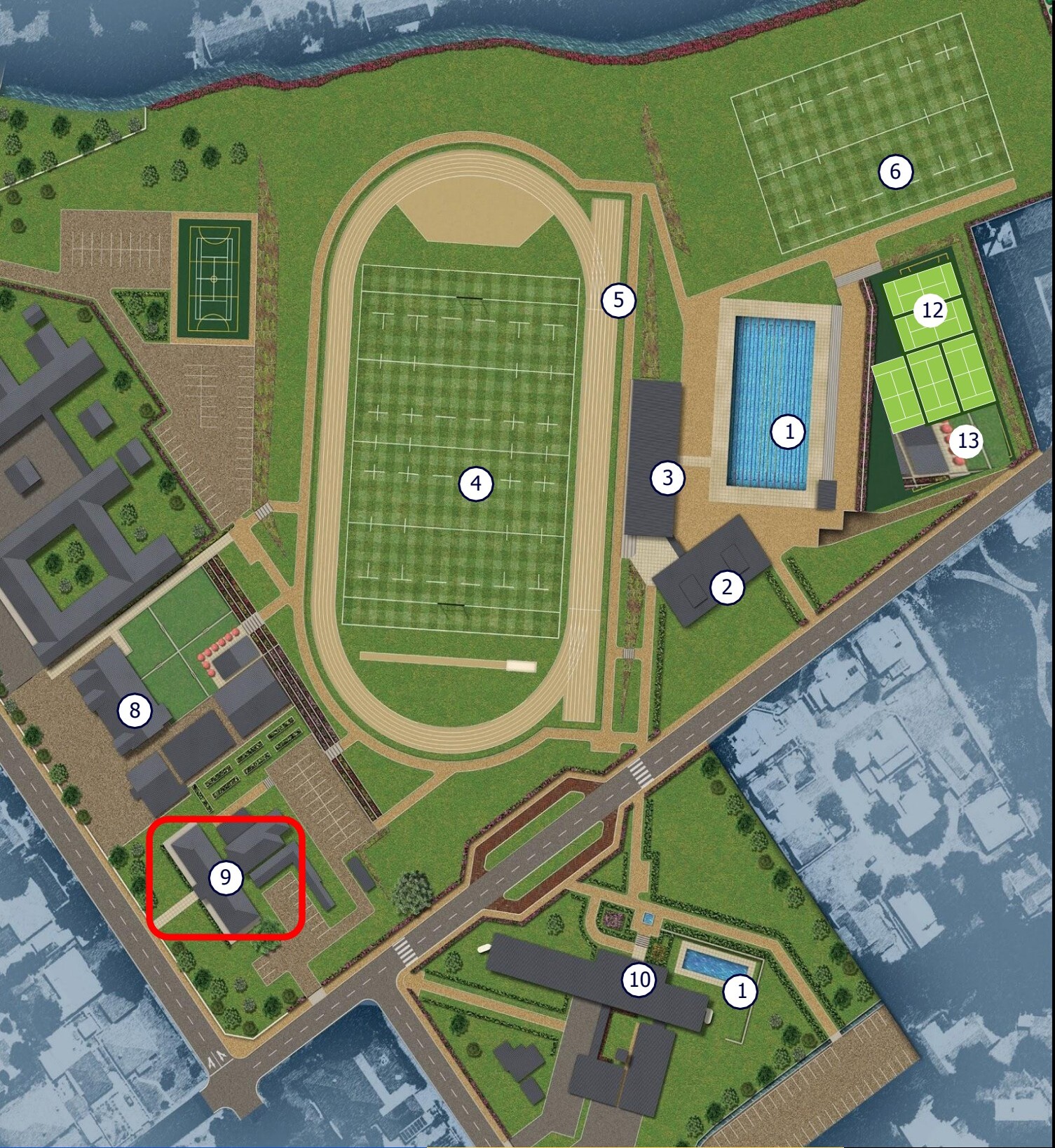 Campus site-plan render — numbered amenity map of the WeGroYou Franschhoek campus, showing pools, track, rugby field, gym, padel, co-working, accommodation and the NXT Café